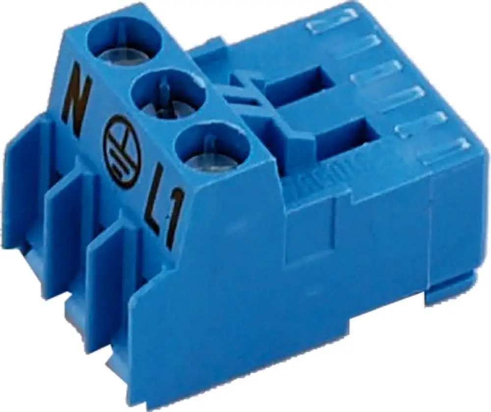 Gegenstecker in blauer Farbe mit drei Anschlüssen, für den Gebrauch mit Wolf CGU-2/CGU-2K Geräten geeignet. Stecker mit N und L1 Kennzeichnung.